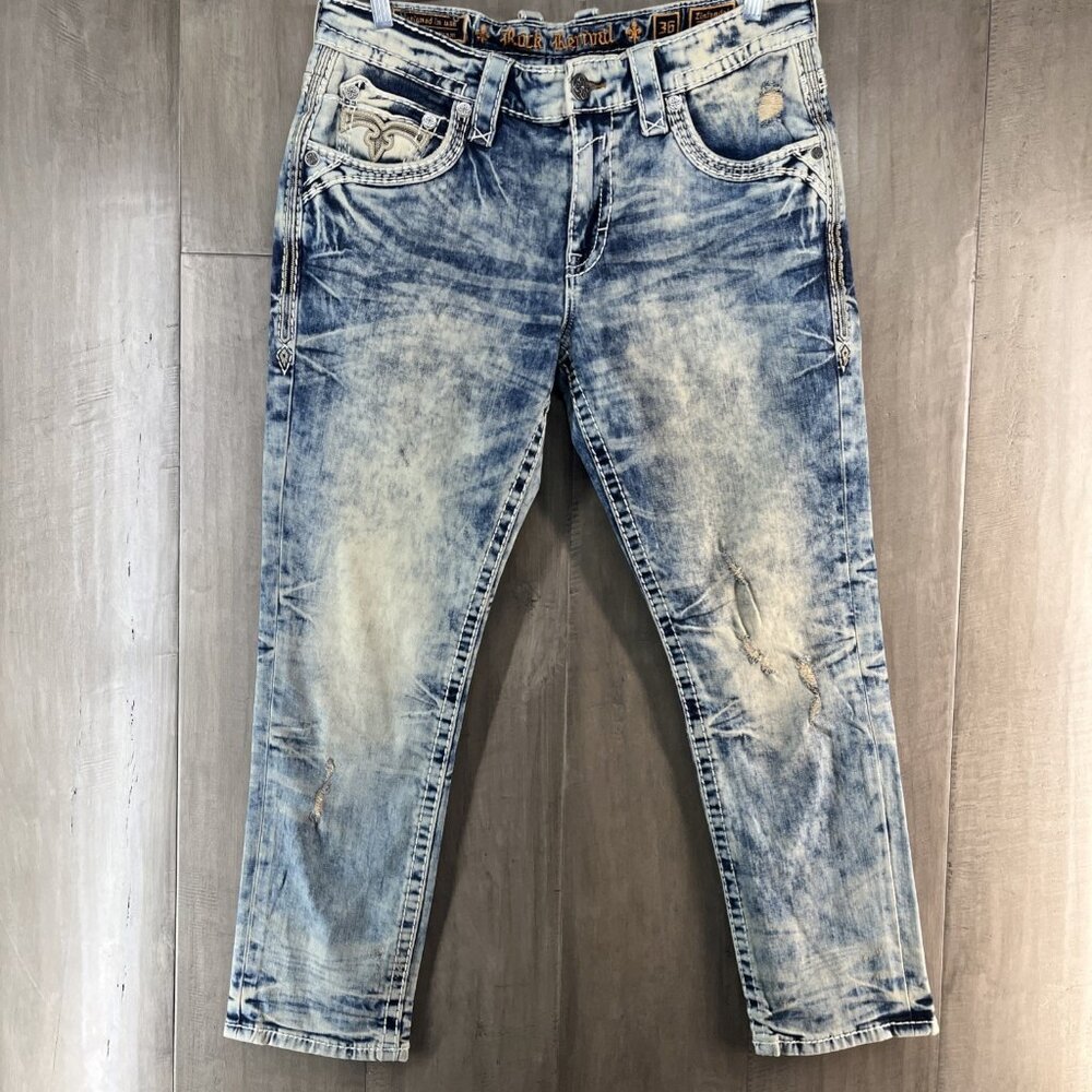 Rock Revival Men's Distressed Denim Jeans "Zinfandel" Slim Taper 36x29 Blue NWOT